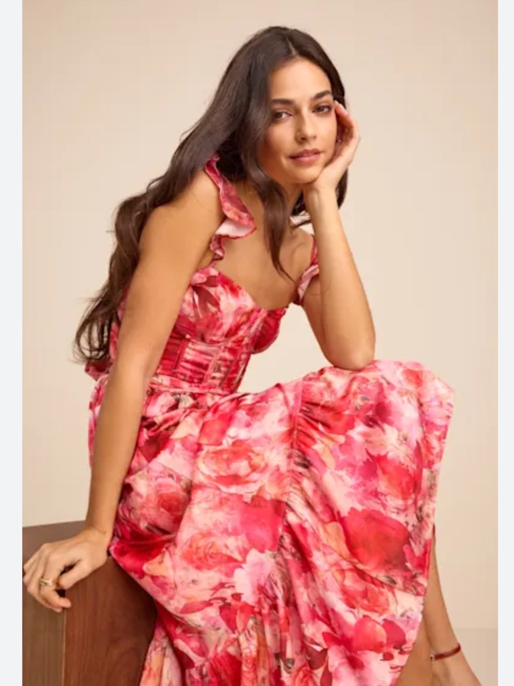 Lulus Sweet Like Sangria Pink Floral Ruffled Bustier Midi Dress - Size XL Flirty - Picture 4 of 8